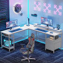 66” L Shaped Desk with Power Outlet, Reversible Computer Gaming Desk with File Drawer & 2 Monitor Stands for Home Office with Storage Shelves, Rustic Brown