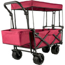 Red Collapsible Wagon Cart with Canopy, 360掳 Wheels, Adjustable Handles, 220 lbs Capacity for Beach & Garden