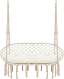 Hammock Chair Macrame Hanging Swing with Cushion,Hanging Cotton Ropes, Metal Frame, 450 lbs Capacity Indoor Outdoor, Patio, Balcony, Living,Deck, Yard, Garden(Double Swing) Beige