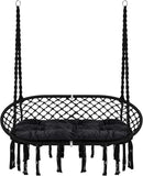 Hammock Chair Macrame Hanging Swing with Cushion,Hanging Cotton Ropes, Metal Frame, 450 lbs Capacity Indoor Outdoor, Patio, Balcony, Living,Deck, Yard, Garden(Double Swing) Beige