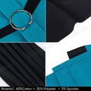 Collage of blue and black fabric with a metal ring, close-up of stitching, and material composition text.