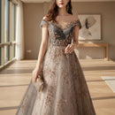 Elegant evening gown with floral patterns on a white background