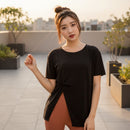Women's off-shoulder satin blouse with an elegant asymmetric neckline