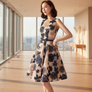 Woman wearing a floral dress on a white background