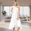 Woman wearing a white one-shoulder dress on a white background