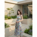 Women's strapless printed chiffon maxi dress with a flowing silhouette