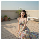 Women's strapless printed chiffon maxi dress with a flowing silhouette