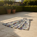 Women's strapless printed chiffon maxi dress with a flowing silhouette
