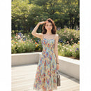 Women's strapless printed chiffon maxi dress with a flowing silhouette